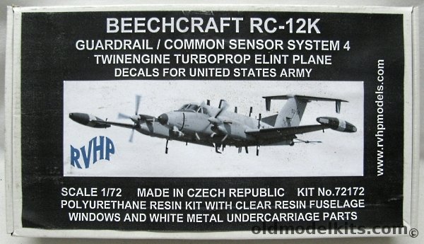 RVHP 1/72 Beechcraft RC-12K Guardrail - Common Sensor System 4 (Super King Air 200) - Turboprop Elint US Army Aircraft, 72172 plastic model kit